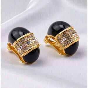 Vintage Christian Dior Signed Black Enamel Crystal Clip On Earrings 1980s